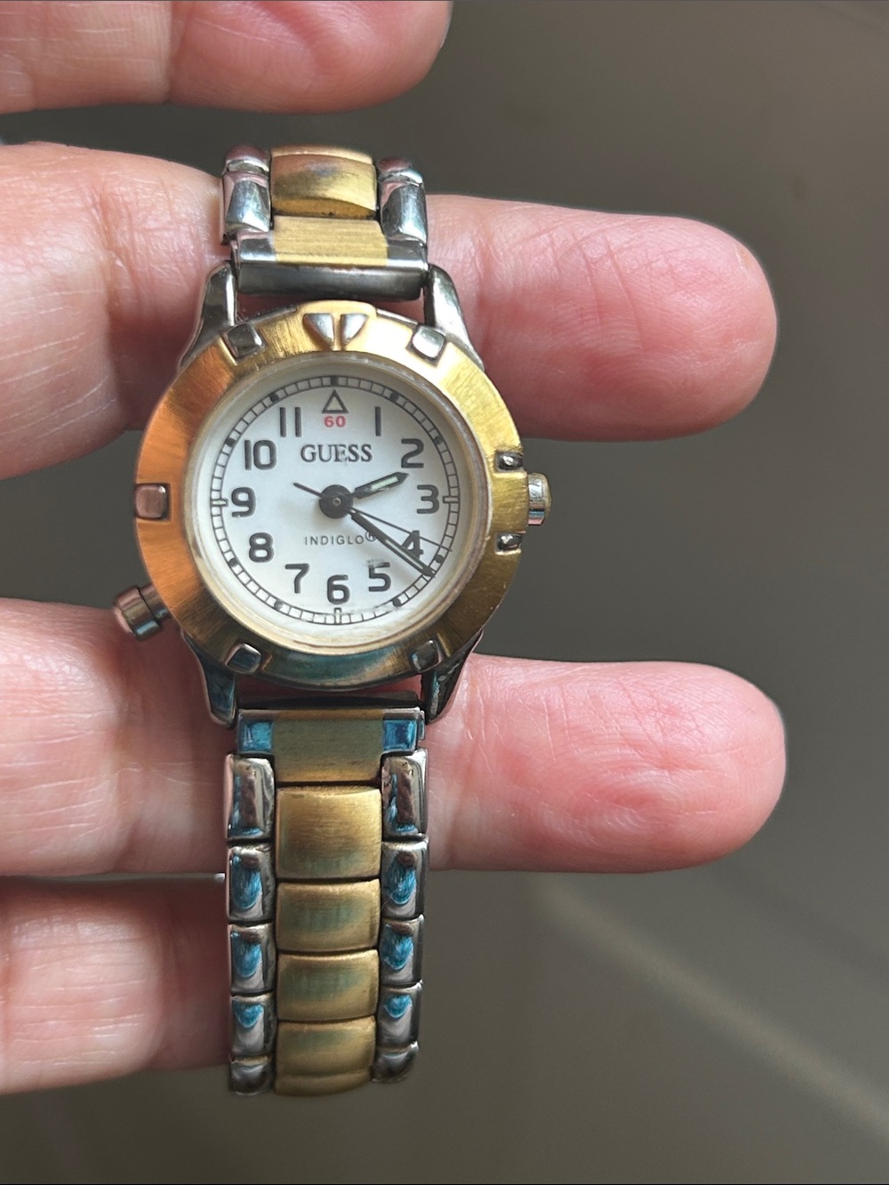 Guess Two-Tone Watch with Yellow Accents and White Dial